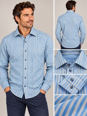 Men's Visconti Blue and White Striped Dress Shirt - Classic Spread Collar